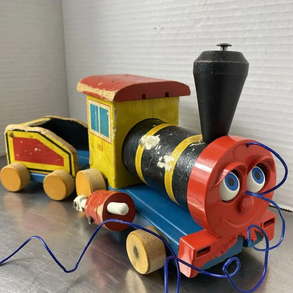Vintage 1958 Fisher Price Looky Chug Train 189 Wood Pull Toy Wooden Nursery